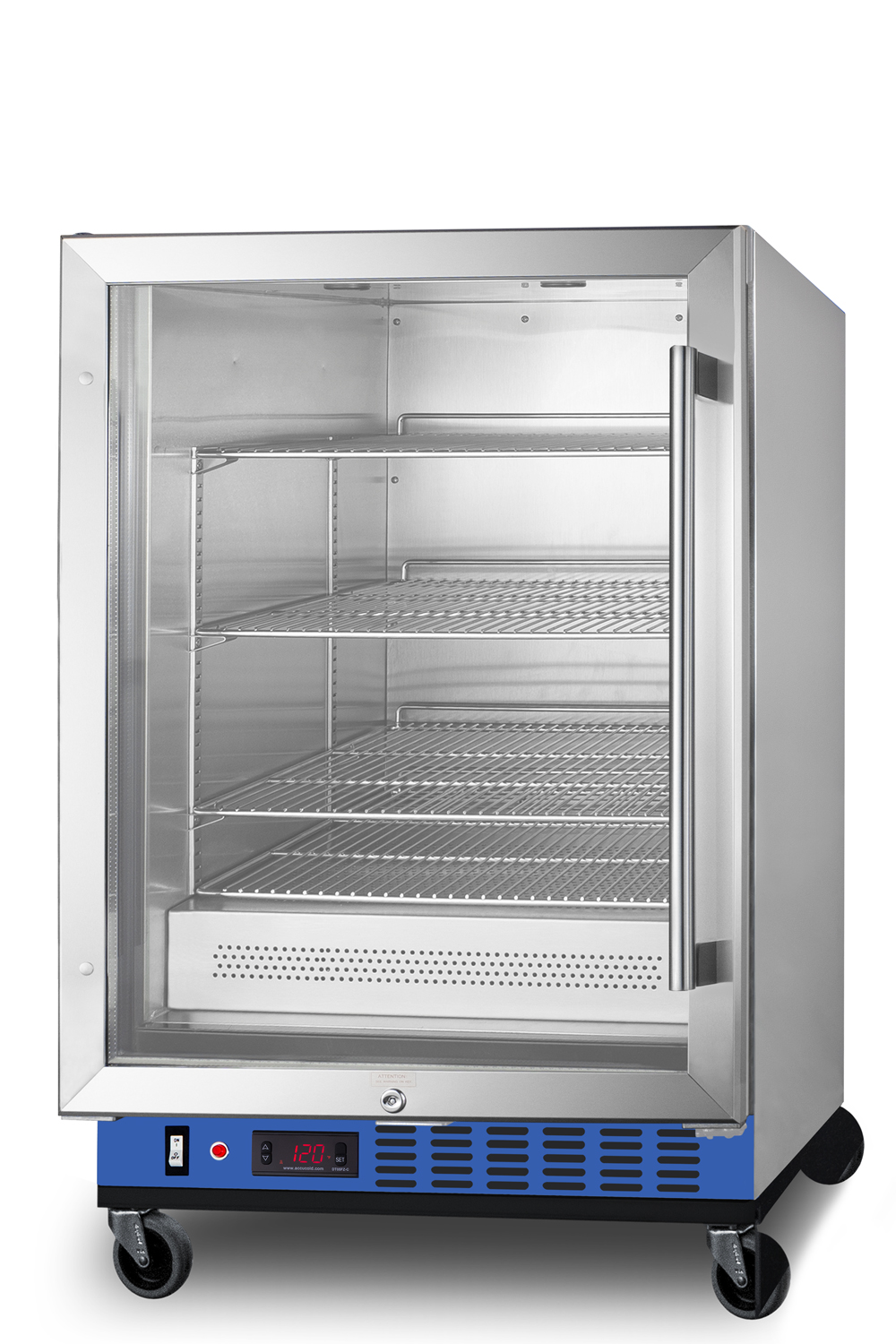 Undercounter single chamber passive heating blanket warmer with glass door, stainless steel interior and exterior, digital thermostat, and lock